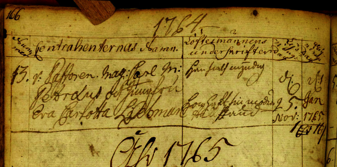 Udsnit af kirkebog, Vielse af Carl Magnus Petraeus og Eva Charlotta Liebman